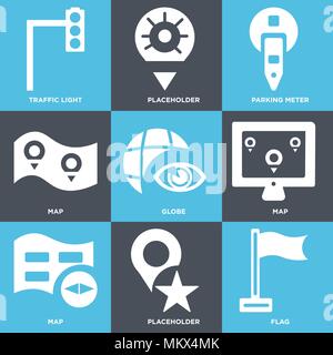 Set Of 9 simple editable icons such as Flag, Placeholder, Map, Globe, Parking meter, Traffic light, can be used for mobile, web Stock Vector