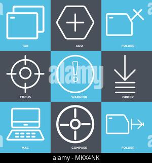 Set Of 9 simple editable icons such as Folder, Compass, Mac, Order, Warning, Focus, Add, Tab, can be used for mobile, web Stock Vector
