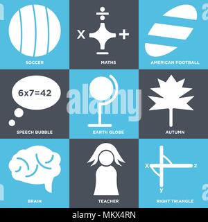 Set Of 9 simple editable icons such as Right triangle, Teacher, Brain, Autumn, Earth globe, Speech bubble, American football, Maths, Soccer, can be us Stock Vector