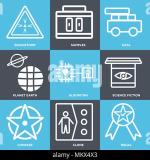 Set Of 9 simple editable icons such as Medal, Clone, Compass, Science fiction, Algorithm, Planet earth, Data, Samples, Brainstorm, can be used for mob Stock Vector