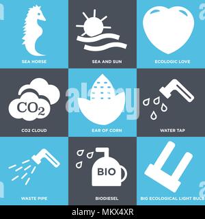 Set Of 9 simple editable icons such as Big Ecological Light Bulb, Biodiesel, Waste Pipe, Water Tap, Ear of Corn, CO2 Cloud, Ecologic Love, Sea and Sun Stock Vector