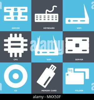 Set Of 9 simple editable icons such as Folder, Memory card, Cd, Server, Wifi, Cpu, Keyboard, can be used for mobile, web Stock Vector