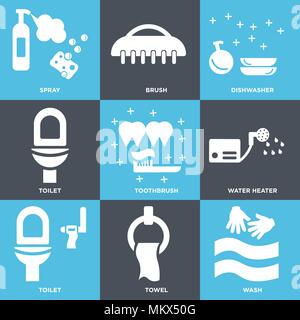 Set Of 9 simple editable icons such as Wash, Towel, Toilet, Water heater, Toothbrush, Dishwasher, Brush, Spray, can be used for mobile, web Stock Vector