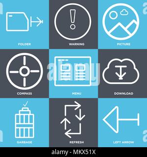 Set Of 9 simple editable icons such as Left arrow, Refresh, Garbage, Download, Menu, Compass, Picture, Warning, Folder, can be used for mobile, web Stock Vector