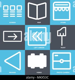 Set Of 9 simple editable icons such as Photo camera, Video, Rewind, Paint, Left arrow, Store, Map, Screen, can be used for mobile, web Stock Vector