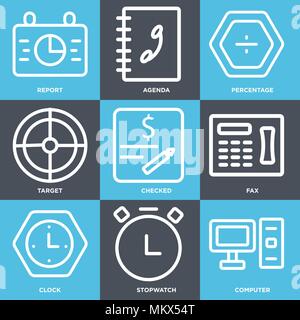 Set Of 9 simple editable icons such as Computer, Stopwatch, Clock, Fax, Checked, Target, Percentage, Agenda, Report, can be used for mobile, web Stock Vector