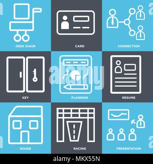 Set Of 9 simple editable icons such as Presentation, Racing, House, Resume, Planning, Key, Connection, Card, Desk chair, can be used for mobile, web Stock Vector