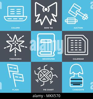 Set Of 9 simple editable icons such as Candidate, Pie chart, Flags, Calendar, Newspaper, Fireworks, Auction, Bow tie, Column, can be used for mobile,  Stock Vector