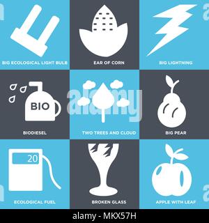 Set Of 9 simple editable icons such as Apple with Leaf, Broken Glass, Ecological Fuel, Big Pear, Two Trees and Cloud, Biodiesel, Lightning, Ear of Cor Stock Vector