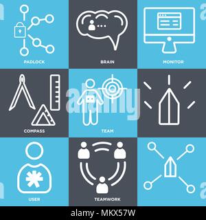 Set Of 9 simple editable icons such as Teamwork, User, Team, Compass, Monitor, Brain, Padlock, can be used for mobile, web Stock Vector