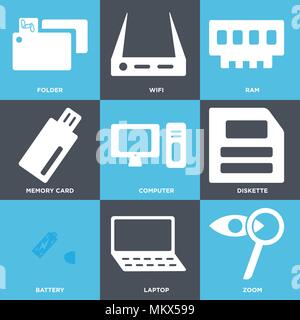 Set Of 9 simple editable icons such as Zoom, Laptop, Battery, Diskette, Computer, Memory card, Ram, Wifi, Folder, can be used for mobile, web Stock Vector