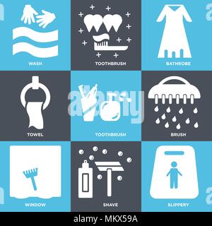 Set Of 9 simple editable icons such as Slippery, Shave, Window, Brush, Toothbrush, Towel, Bathrobe, Wash, can be used for mobile, web Stock Vector