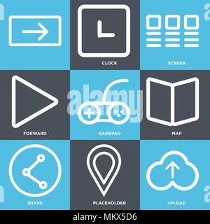 Set Of 9 simple editable icons such as Upload, Placeholder, Share, Map, Gamepad, Forward, Screen, Clock, , can be used for mobile, web Stock Vector
