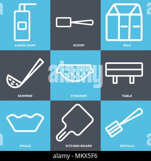 Set Of 9 simple editable icons such as Spatula, Kitchen board, Mould, Table, Strainer, Skimmer, Milk, Scoop, Liquid soap, can be used for mobile, web Stock Vector