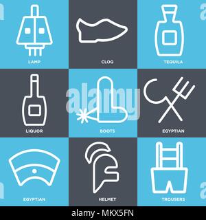 Set Of 9 simple editable icons such as Trousers, Helmet, Egyptian, Boots, Liquor, Tequila, Clog, Lamp, can be used for mobile, web Stock Vector