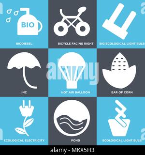 Set Of 9 simple editable icons such as Ecological Light Bulb, Pond, Electricity, Ear of Corn, Hot air Balloon, Inc, Big Bicycle Facing Right, Biodiese Stock Vector
