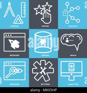 Set Of 9 simple editable icons such as Analytics, Settings, Browser, Brain, Server, Padlock, Rating, Compass, can be used for mobile, web Stock Vector