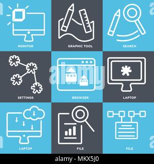 Set Of 9 simple editable icons such as File, Laptop, Browser, Settings, Search, Graphic tool, Monitor, can be used for mobile, web Stock Vector