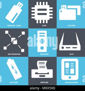 Set Of 9 simple editable icons such as Smartphone, Printer, Battery, Wifi, Speaker, Networking, Folder, Chip, Memory card, can be used for mobile, web Stock Vector