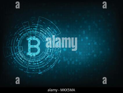 Abstract futuristic digital money with logo bitcoin digital currency on blue background, , technology worldwide network concept. Stock Vector