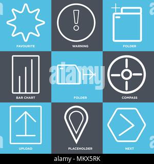 Set Of 9 simple editable icons such as Next, Placeholder, Upload, Compass, Folder, Bar chart, Warning, Favourite, can be used for mobile, web Stock Vector