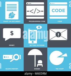 Set Of 9 simple editable icons such as Pie chart, Dinner, Search report, Setting on phone, Money, Code, Programming code, Chart document, can be used  Stock Vector
