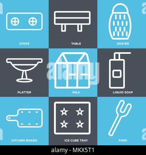 Set Of 9 simple editable icons such as Fork, Ice cube tray, Kitchen board, Liquid soap, Milk, Platter, Grater, Table, Stove, can be used for mobile, w Stock Vector
