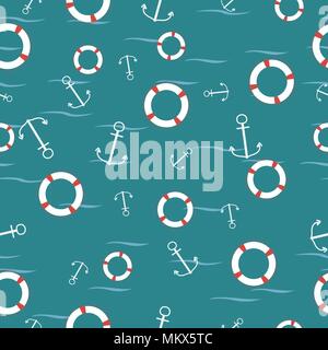 Seamless vector pattern with anchors and lifebuoys.  Illustration background. Stock Vector
