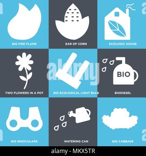 Set Of 9 simple editable icons such as Big Cabbage, Watering Can, Binoculars, Biodiesel, Ecological Light Bulb, Two Flowers In a Pot, Ecologic House,  Stock Vector