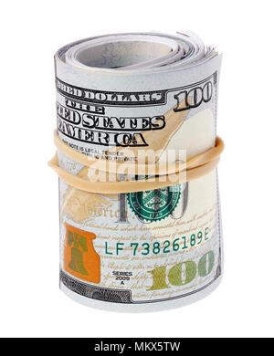Rolled banknotes of 100 dollars isolated on white background with ...