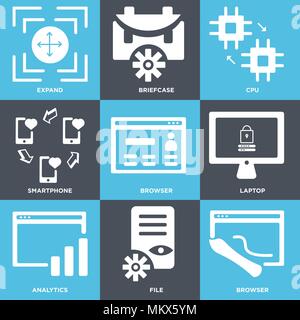 Set Of 9 simple editable icons such as Browser, File, Analytics, Laptop, Smartphone, Cpu, Briefcase, Expand, can be used for mobile, web Stock Vector