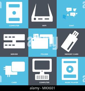 Set Of 9 simple editable icons such as Music player, Computer, Card, Memory card, Folder, Server, Chat, Wifi, can be used for mobile, web Stock Vector