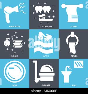 Set Of 9 simple editable icons such as Sink, Cleaner, Dish, Towel, Wash, Liquid, Toothbrush, Hairdryer, can be used for mobile, web Stock Vector