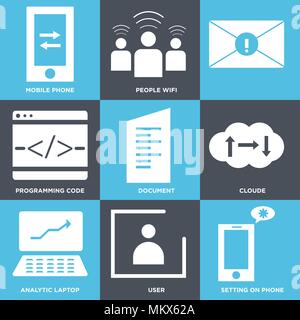Set Of 9 simple editable icons such as Setting on phone, User, Analytic laptop, Cloude, Document, Programming code, People wifi, Mobile can be used fo Stock Vector