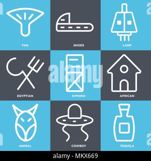 Set Of 9 simple editable icons such as Tequila, Cowboy, Animal, African, Kimono, Egyptian, Lamp, Shoes, Fan, can be used for mobile, web Stock Vector