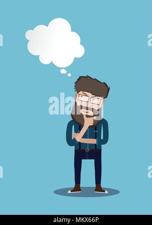 Young hipster  Man thinking of thought bubble on blue Background. Stock Vector