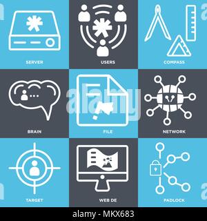 Set Of 9 simple editable icons such as Padlock, Web de, Target, Network, File, Brain, Compass, Users, Server, can be used for mobile, web Stock Vector