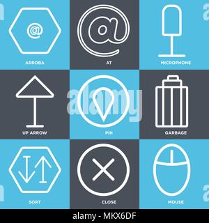 Set Of 9 simple editable icons such as Mouse, Close, Sort, Garbage, Pin, Up arrow, Microphone, At, Arroba, can be used for mobile, web Stock Vector