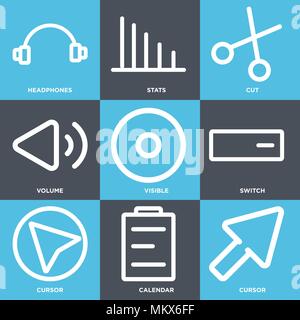 Set Of 9 simple editable icons such as Cursor, Calendar, Switch, Visible, Volume, Cut, Stats, Headphones, can be used for mobile, web Stock Vector