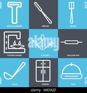 Set Of 9 simple editable icons such as Tray, Fridge, Ladle, Rolling pin, Cutlery, Coffee maker, Brush, Peeler, Bottle opener, can be used for mobile,  Stock Vector