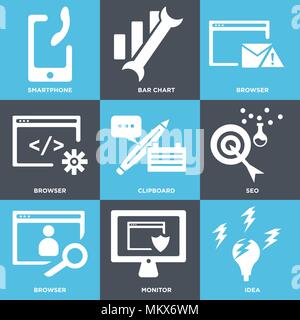 Set Of 9 simple editable icons such as Idea, Monitor, Browser, Seo, Clipboard, Bar chart, Smartphone, can be used for mobile, web Stock Vector