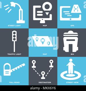 Set Of 9 simple editable icons such as Street view, Destination, Toll road, Bin, Map, Traffic light, Gps, can be used for mobile, web Stock Vector