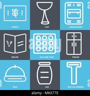 Set Of 9 simple editable icons such as Bottle opener, Jar, Tray, Fridge, Ice cube tray, Recipe, Dishwasher, Cup, Wheat, can be used for mobile, web Stock Vector
