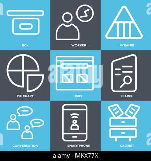 Set Of 9 simple editable icons such as Cabinet, Smartphone, Conversation, Search, Box, Pie chart, Pyramid, Worker, can be used for mobile, web Stock Vector