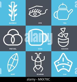 Set Of 9 simple editable icons such as Cap, Scarab, Surf, Nachos, Sake, Pretzel, Tea, Eye, Bamboo, can be used for mobile, web Stock Vector
