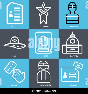 Set Of 9 simple editable icons such as Ballot, Candidate, Capitol, Oath, Hat, Welder, Medal, can be used for mobile, web Stock Vector