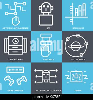 Set Of 9 simple editable icons such as Robot, Artificial intelligence, Game console, Outer space, Available, Time machine, Bar chart, Spy, can be used Stock Vector