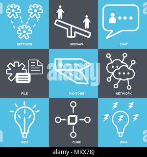 Set Of 9 simple editable icons such as Idea, Cube, Network, Pantone, File, Chat, Seesaw, Settings, can be used for mobile, web Stock Vector
