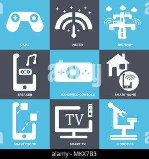 Set Of 9 simple editable icons such as Robotics, Smart tv, Smartphone, home, Handheld console, Speaker, Highway, Meter, Game, can be used for mobile,  Stock Vector