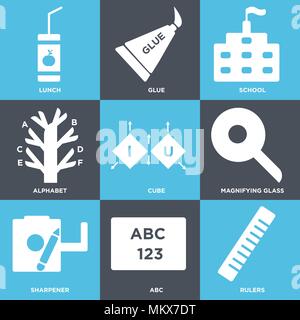 Set Of 9 simple editable icons such as Rulers, Abc, Sharpener, Magnifying glass, Cube, Alphabet, School, Glue, Lunch, can be used for mobile, web Stock Vector